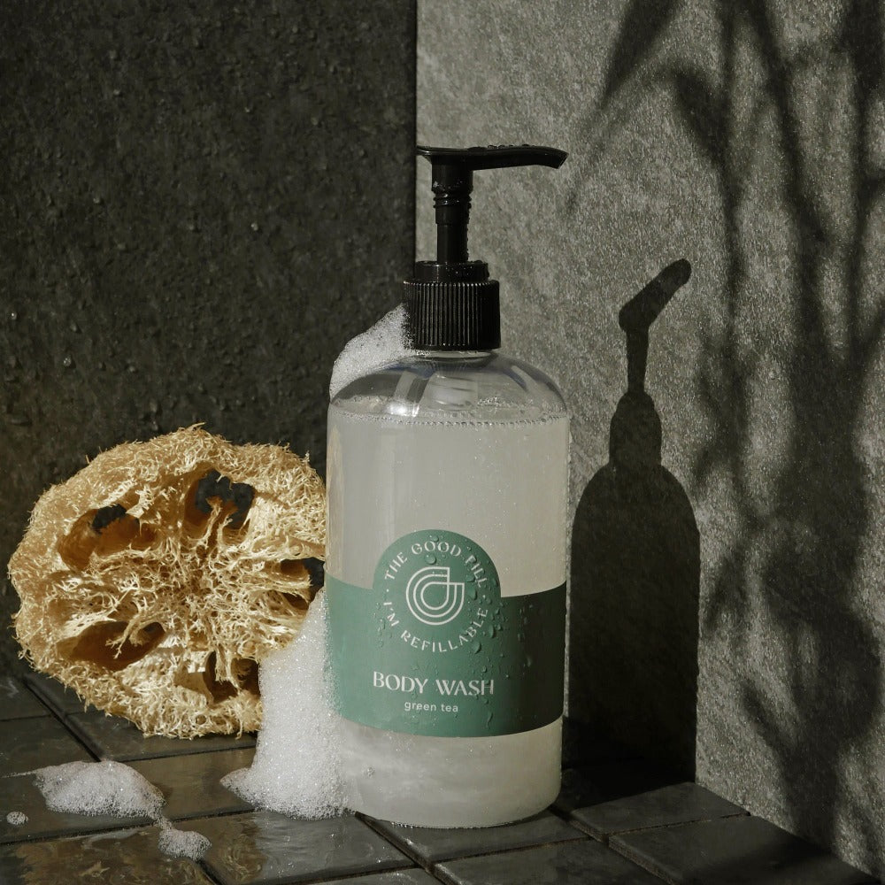 Green tea body wash refills in a zero waste recycled plastic pump bottle