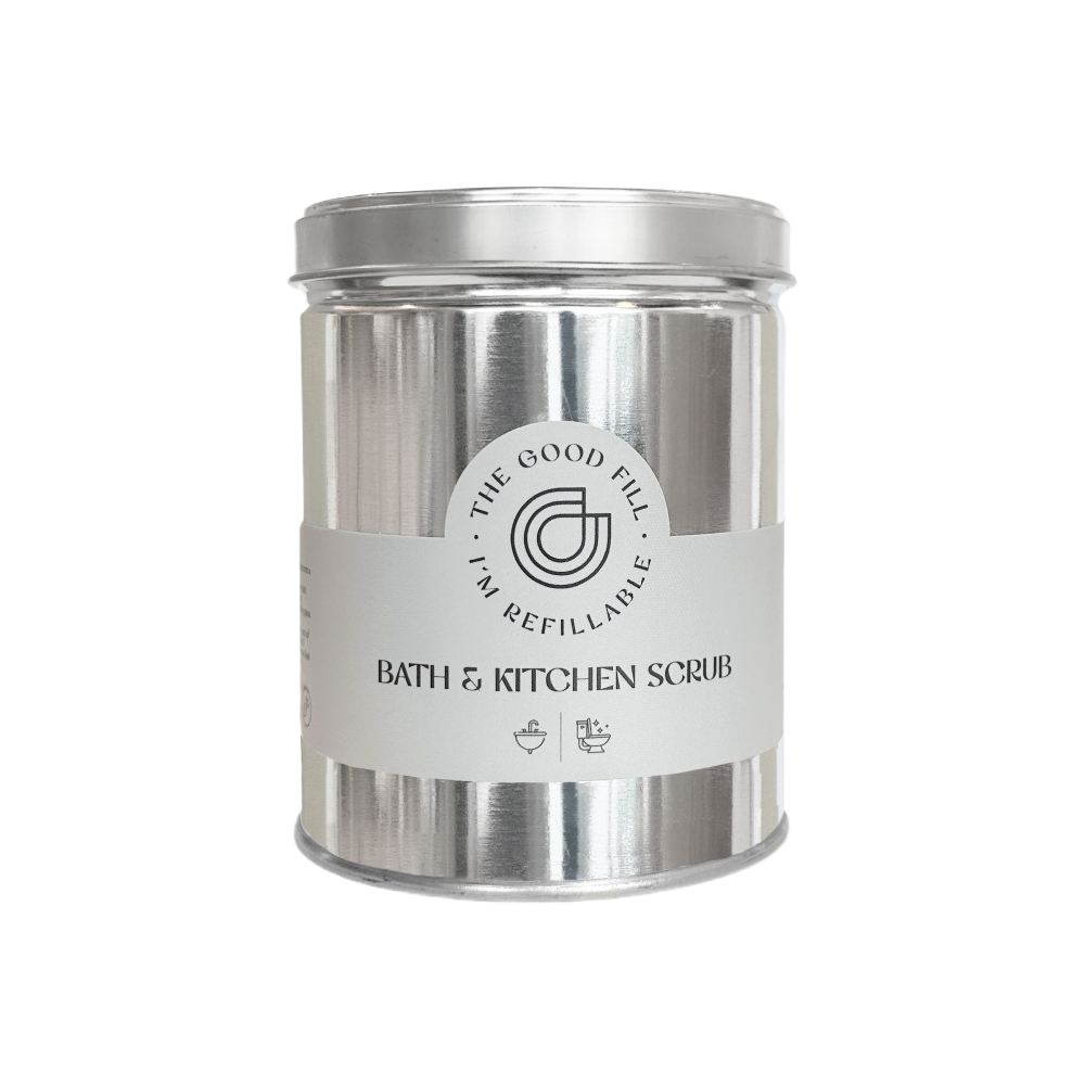 Refillable bath and kitchen scrub in a recycled tin can - The Good Fill