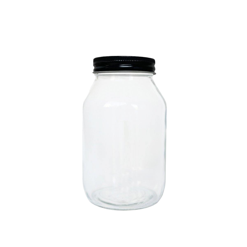 clear 16oz mason jar with a recyclable black aluminum twist off lid.