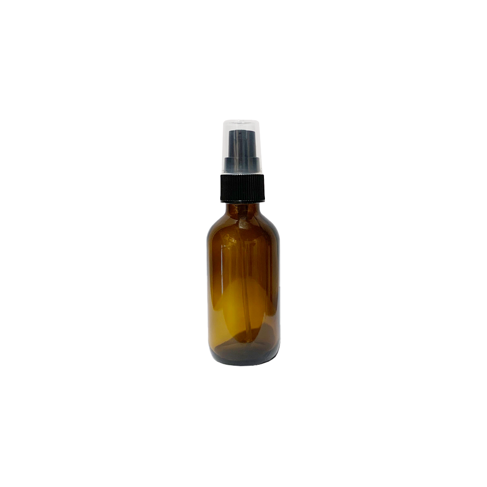 2oz glass amber bottle with a black spray top.