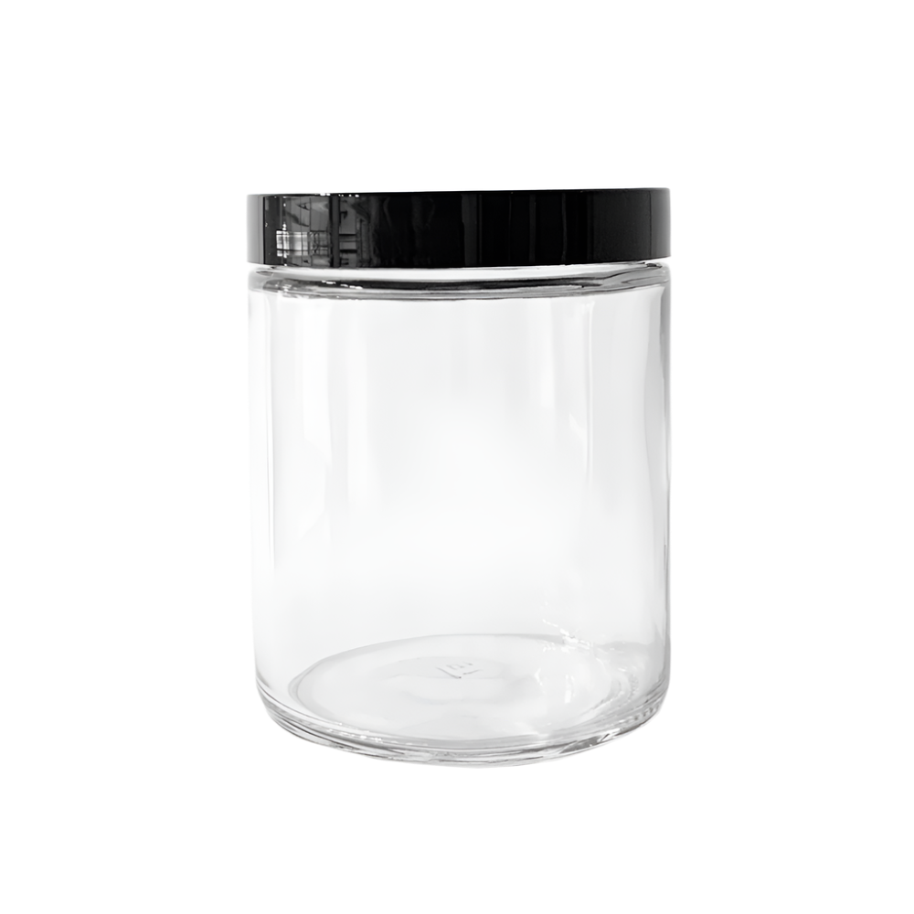 Product image of a clear 9oz jar with a black screw-on lid.