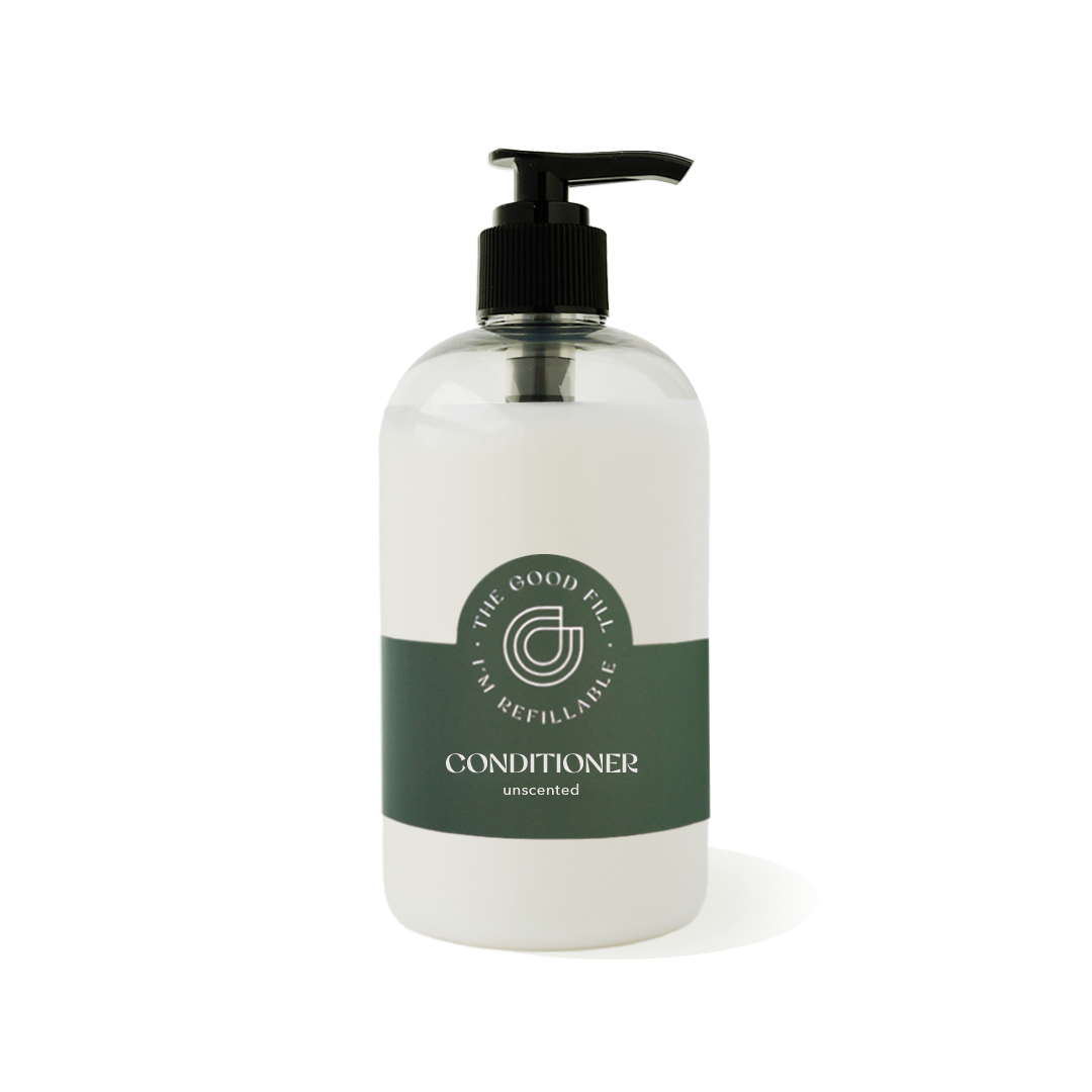 12oz recycled plastic bottle with a black pump top for zero waste unscented conditioner refills.