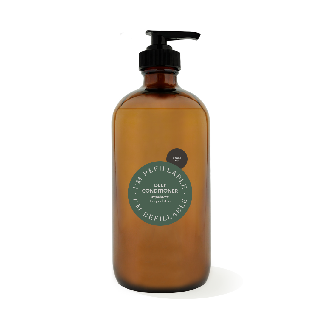 16oz glass amber bottle with a black pump top for zero waste sweet pea deep conditioner refills.