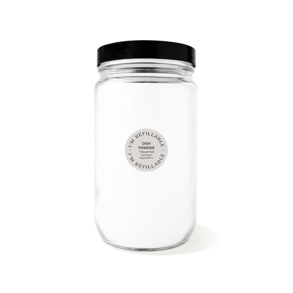 clear glass 32oz refill mason jar that is filled with white dish powder and has a black recyclable aluminum screw on lid.