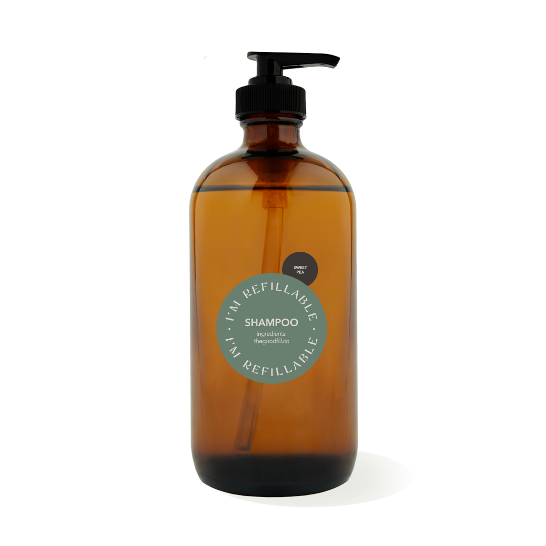 16oz glass amber bottle with a black pump top for zero waste sweet pea shampoo refills.