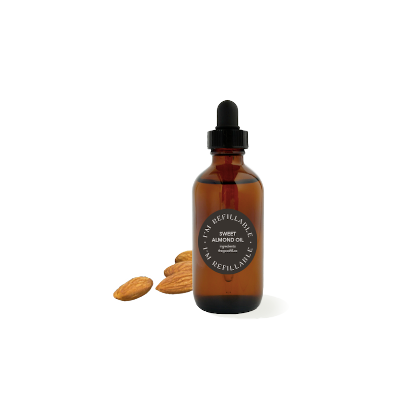 refillable sweet almond oil in a refillable 4oz. amber glass bottle - The Good Fill