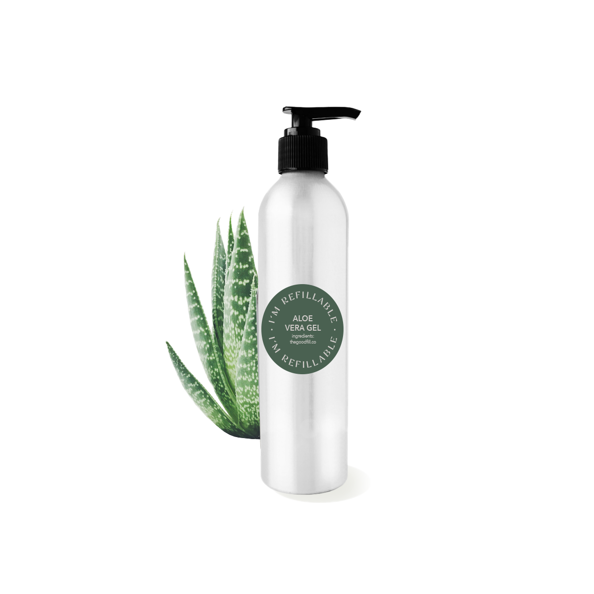 refillable organic aloe vera gel in an aluminum bottle