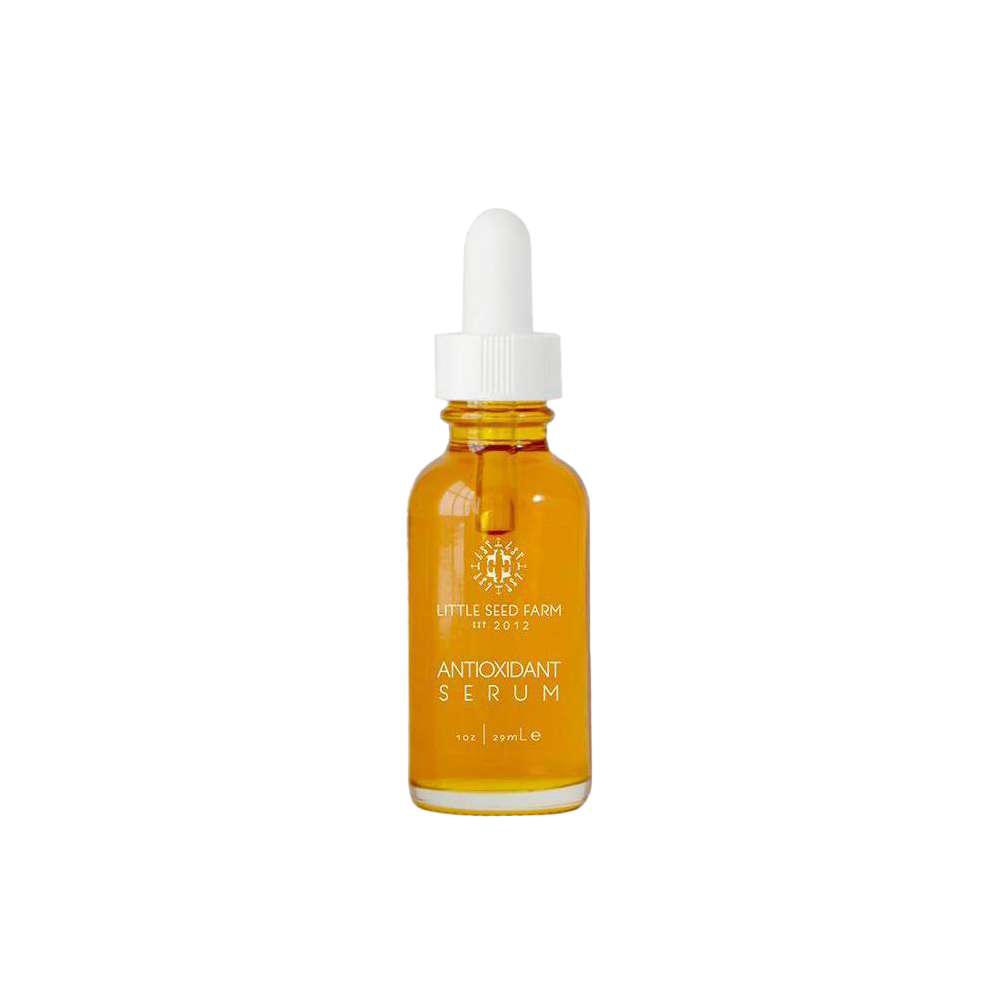 1oz. antioxidant serum in a clear glass bottle with a white dropper top..