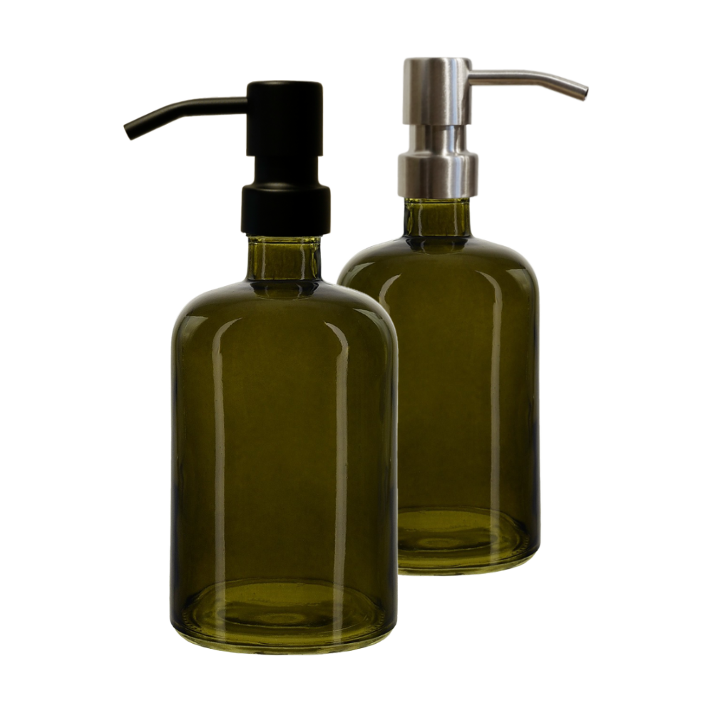 Refillable 15 oz Green Apothecary Bottle with Metal Pump