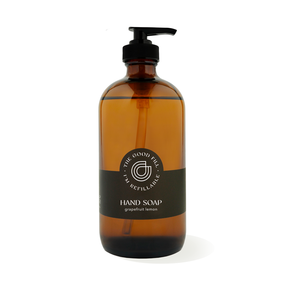 16oz glass amber bottle with a black pump top for zero waste grapefruit lemon hand soap refills.