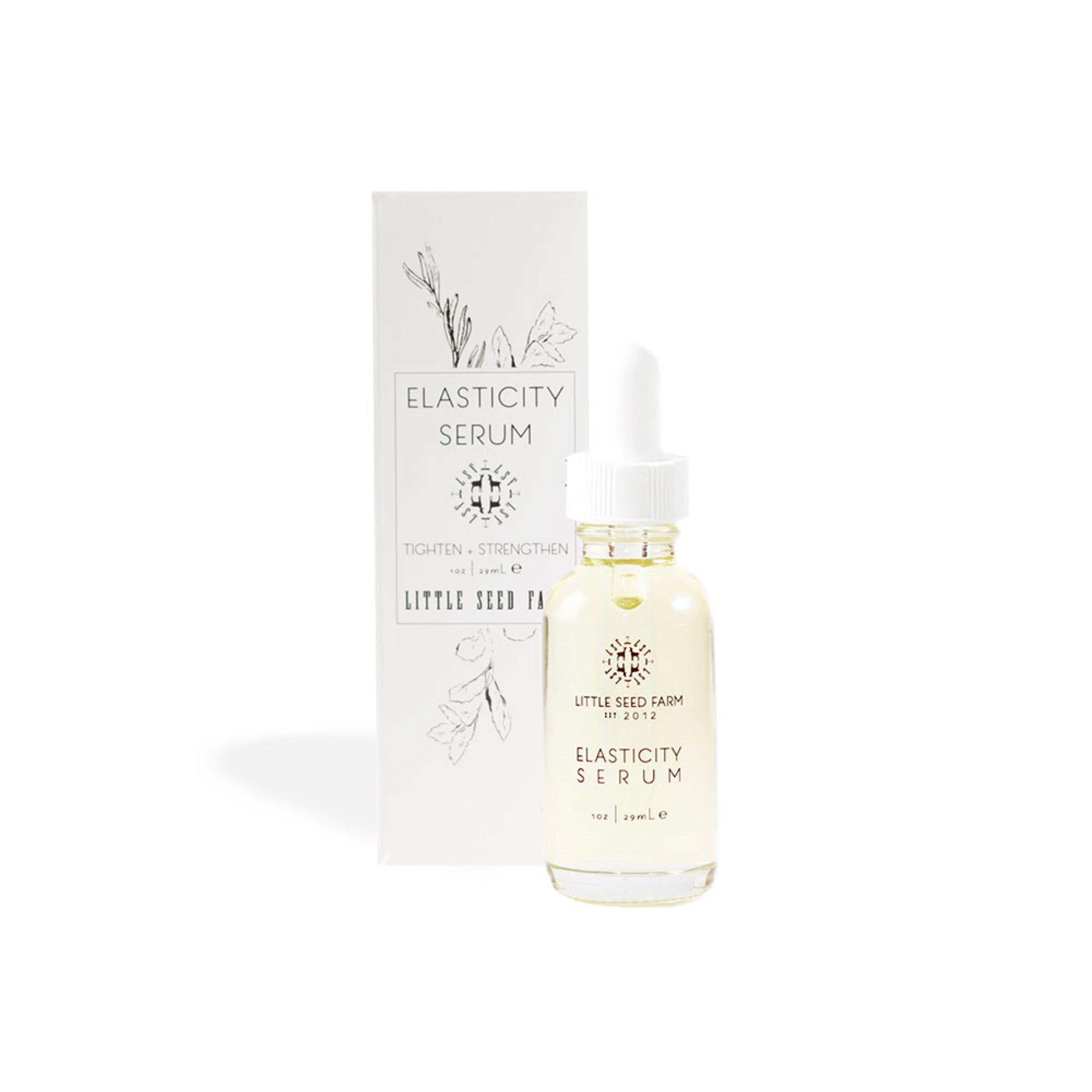 product1oz. glass dropper jar of elasticity serum and a white box for packaging.