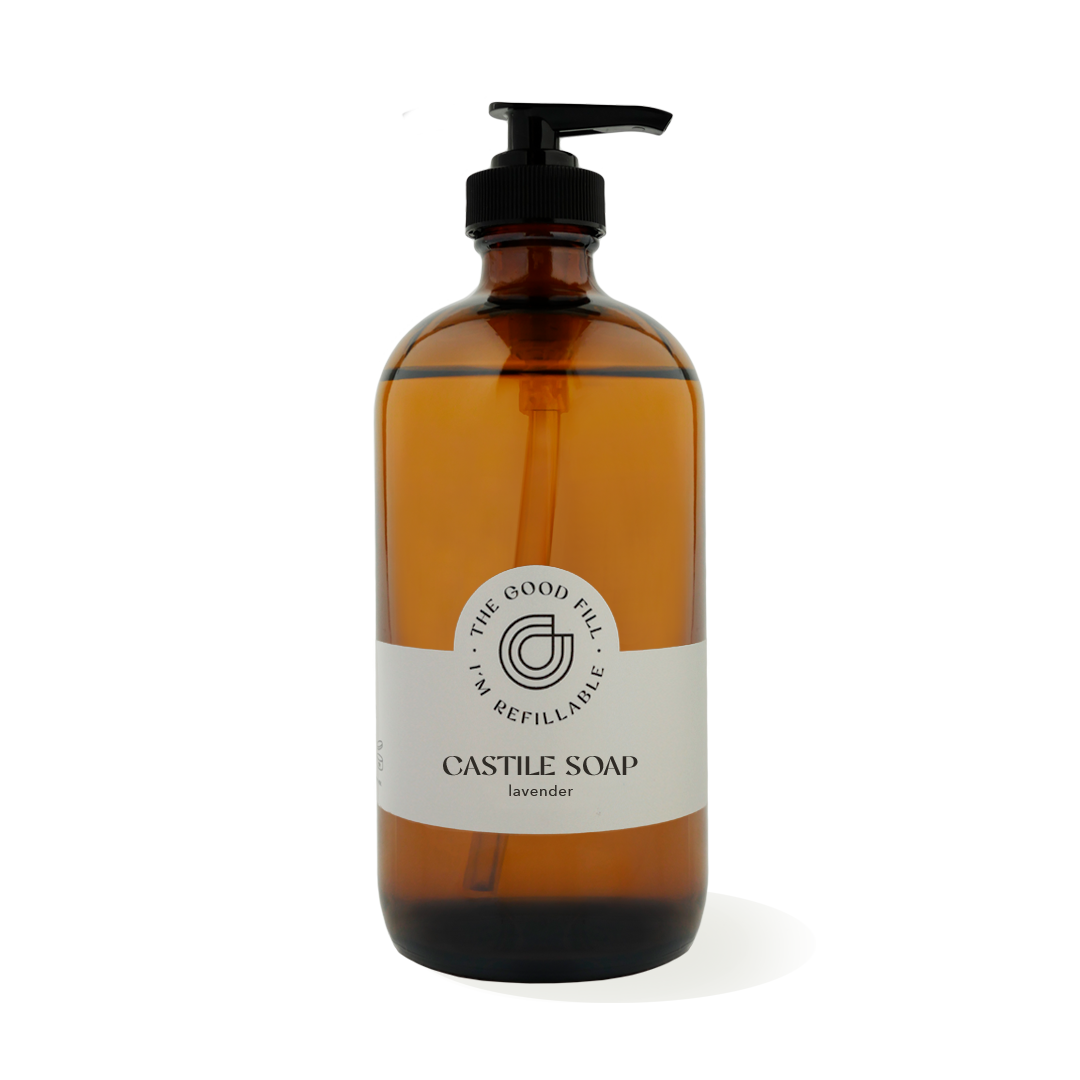 16oz glass amber bottle with a black pump top for zero waste lavender castile soap refills.