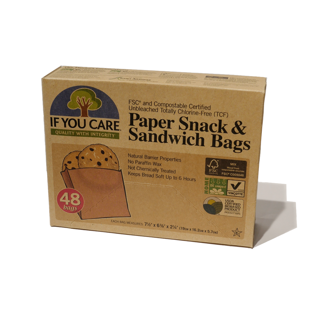 Box of compostable brown paper snack bags. 48 bags per box.