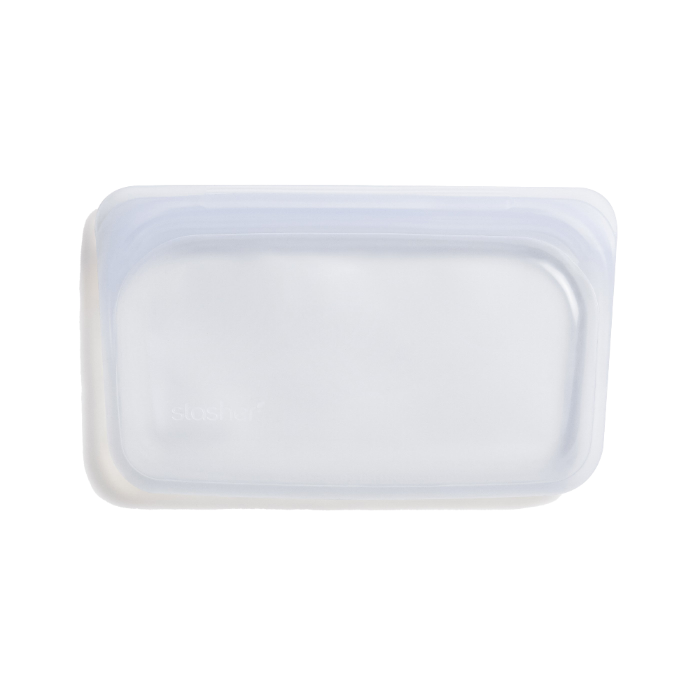 an empty zero waste, reusable clear snack sized stasher bag