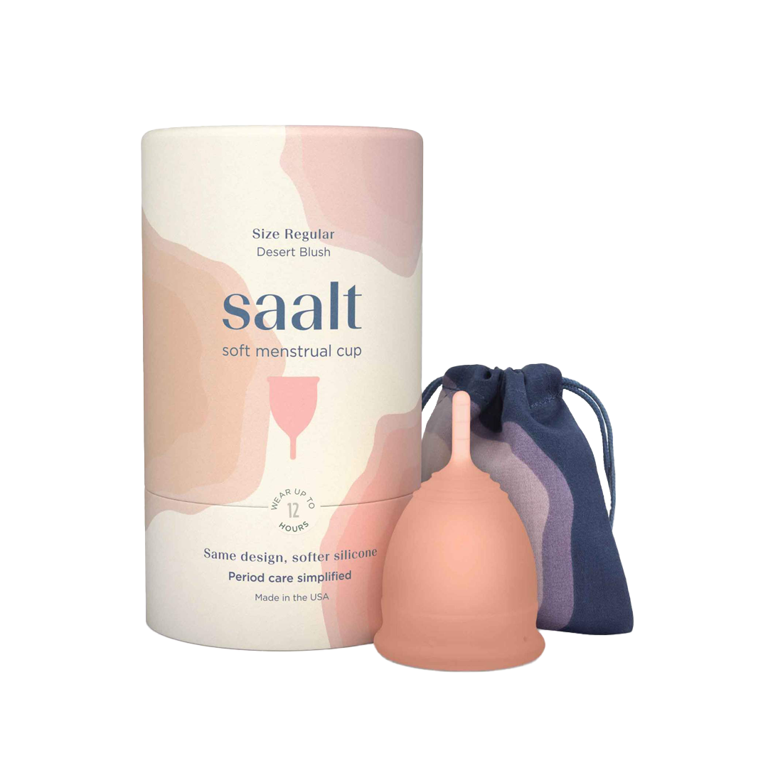 soft silicone menstrual cup with a fabric travel pouch