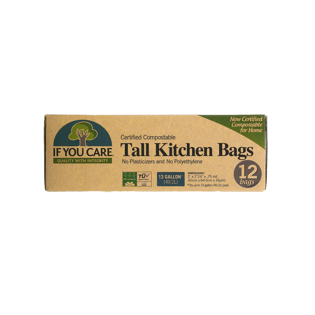 A 100% recycled craft paper box of compostable tall kitchen bags.