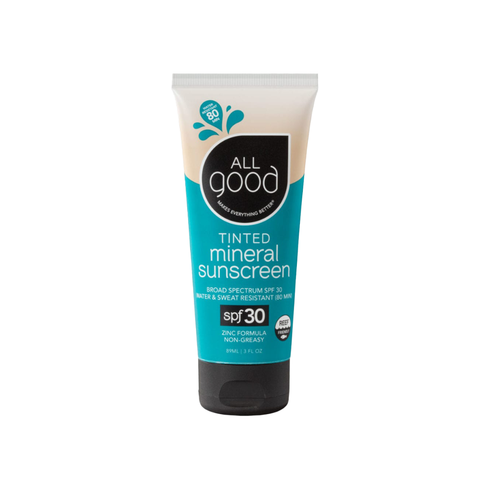 non-toxic tinted mineral sunscreen in a recycled plastic squeeze tube
