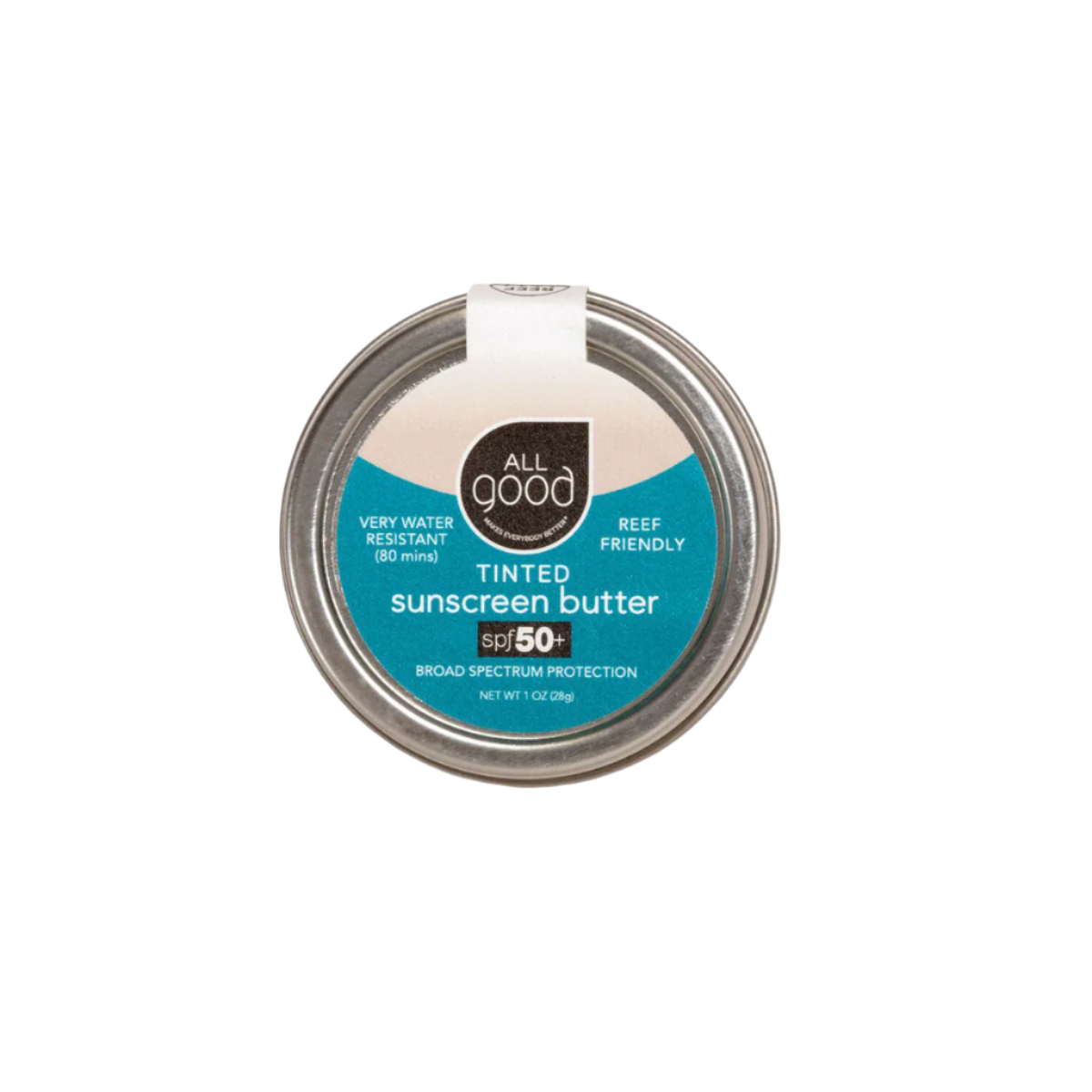 1oz aluminum tin of SPF 50+ tinted sunscreen butter.