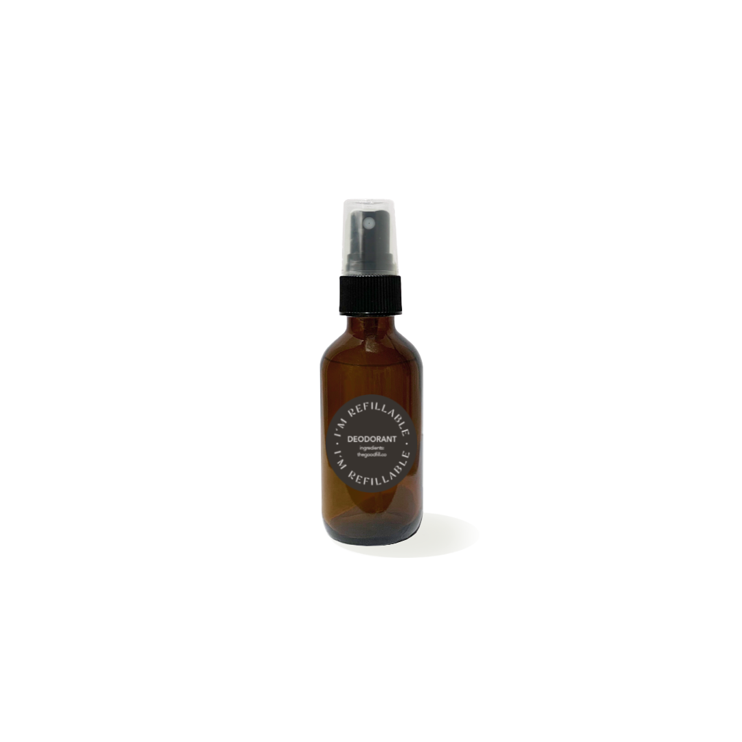 2oz glass amber bottle with a black spray top for zero waste deodorant spray refills.