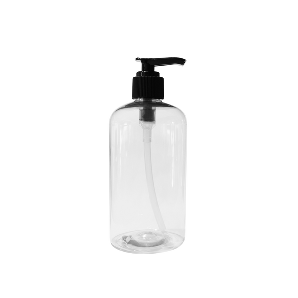 12oz clear recycled plastic refillable bottle with a black pump top
