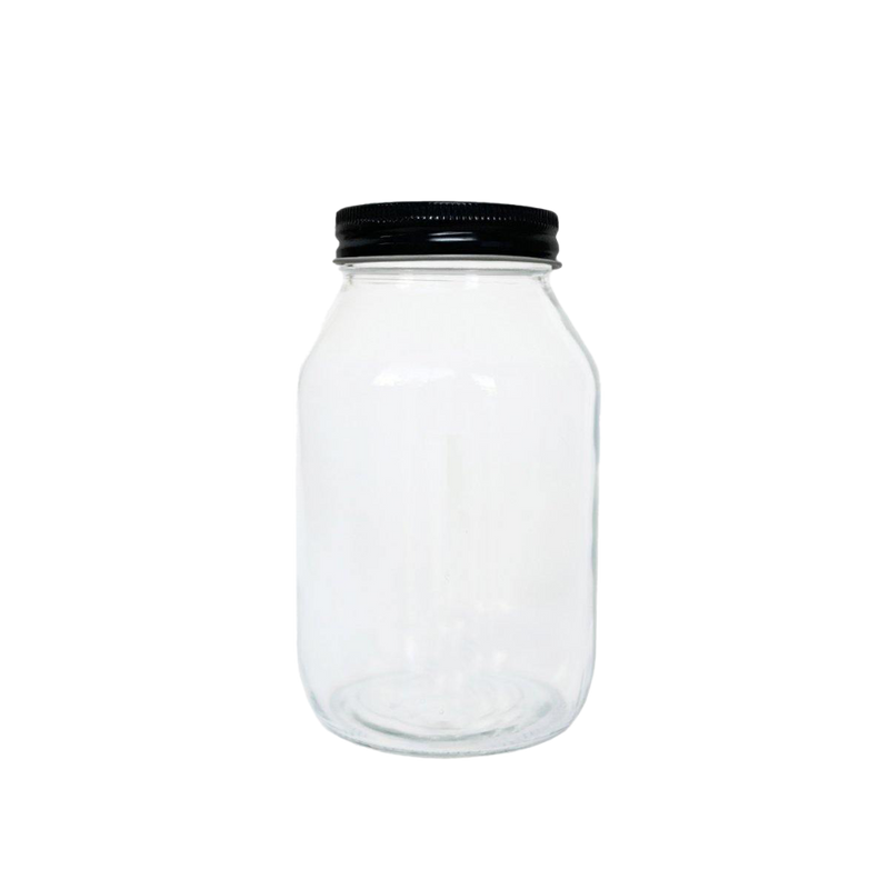 clear 16oz mason jar with a recyclable black aluminum twist off lid.