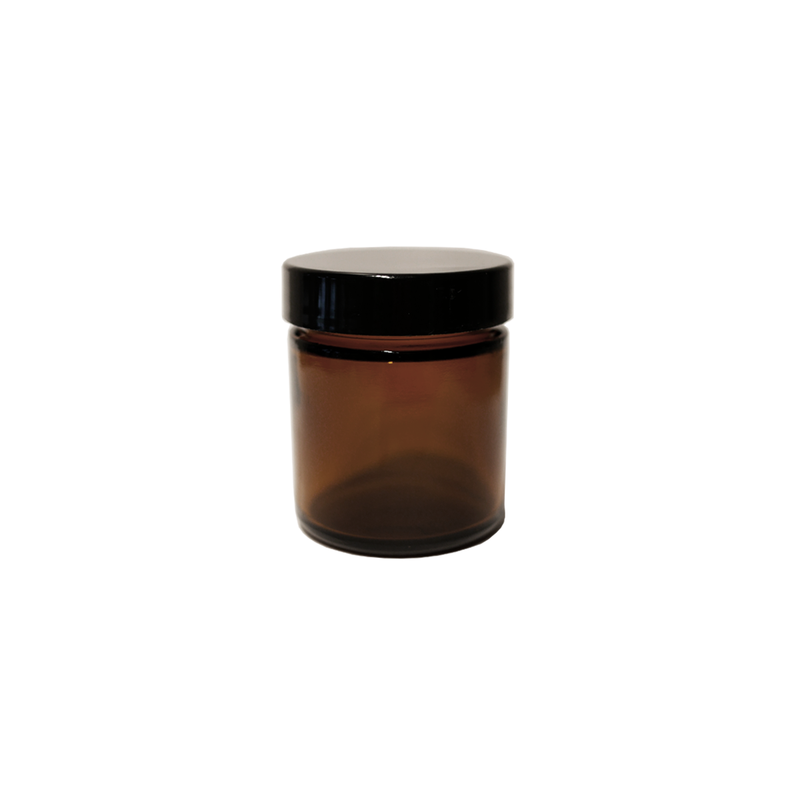 2oz amber jar with a black twist off lid.