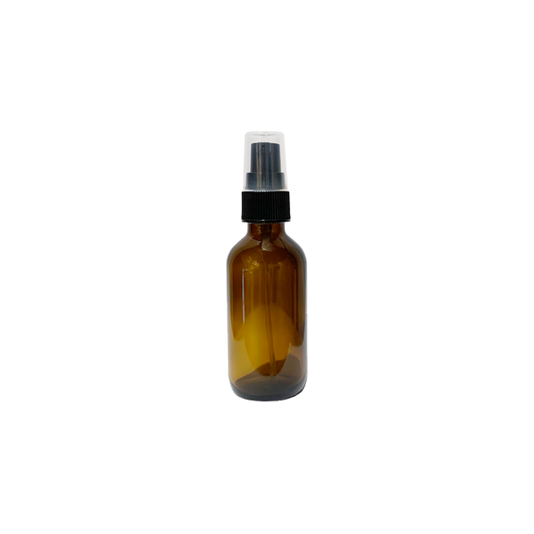 2oz glass amber bottle with a black spray top.