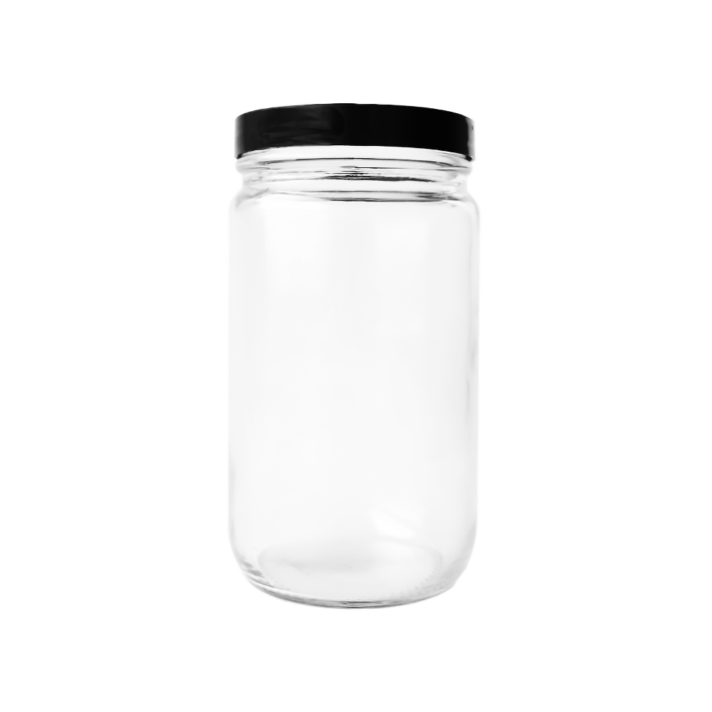 clear 32oz mason jar with a recyclable black aluminum twist off lid.