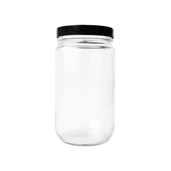 clear 32oz mason jar with a recyclable black aluminum twist off lid.