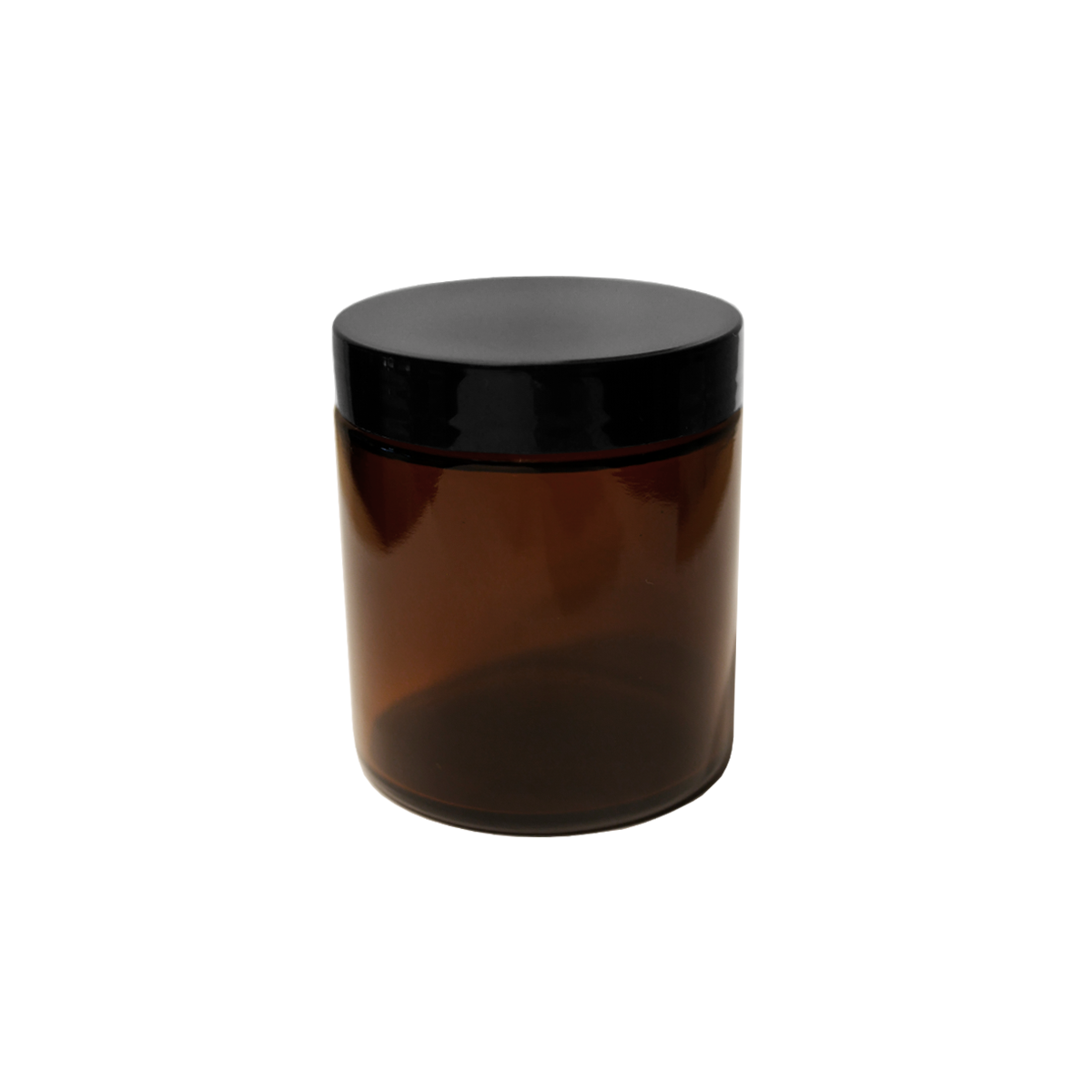 4oz amber jar with a black twist off lid.
