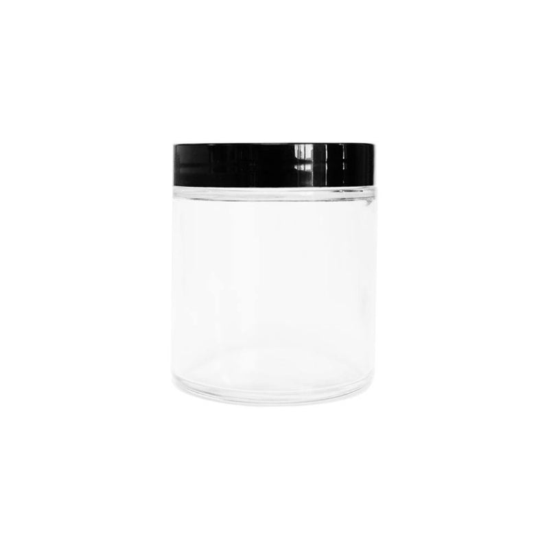 4oz clear jar with a black twist off lid.