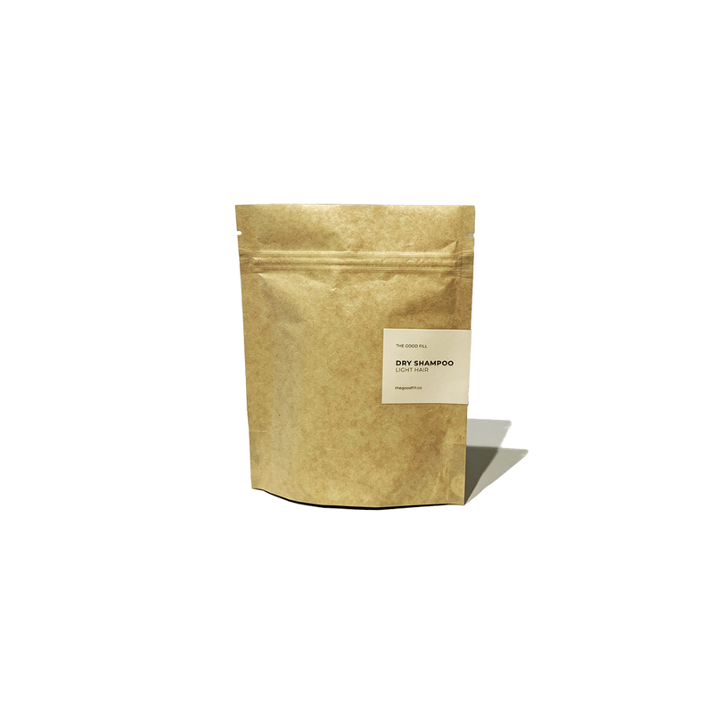 Product image of a 4oz compostable paper packet for zero waste dry shampoo  refills.