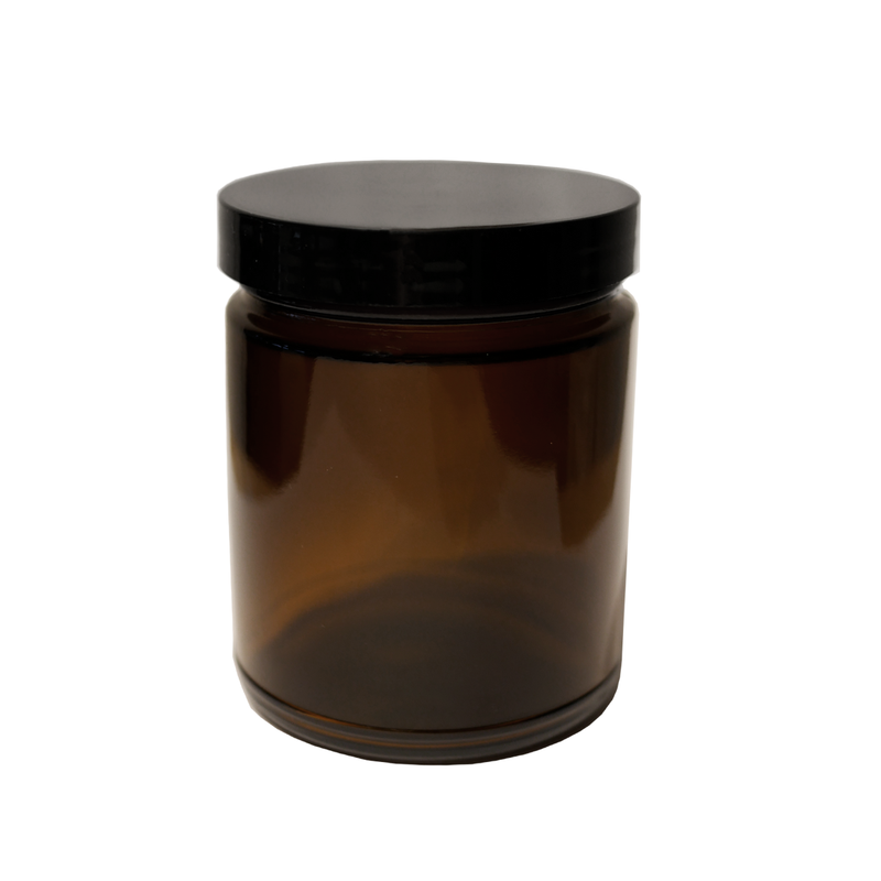 8oz amber jar with a black twist off lid.