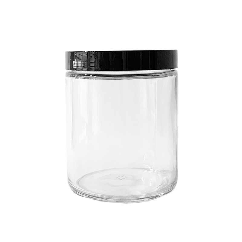 Product image of a clear 9oz jar with a black screw-on lid.