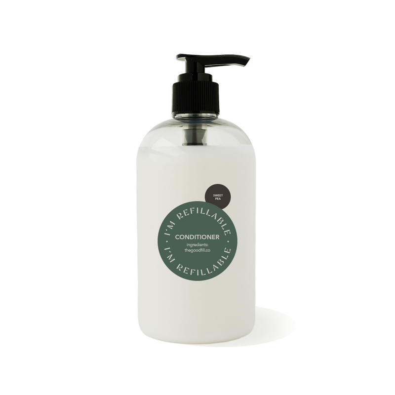 12oz clear recycled plastic bottle with a black pump top for zero waste sweet pea conditioner refills.