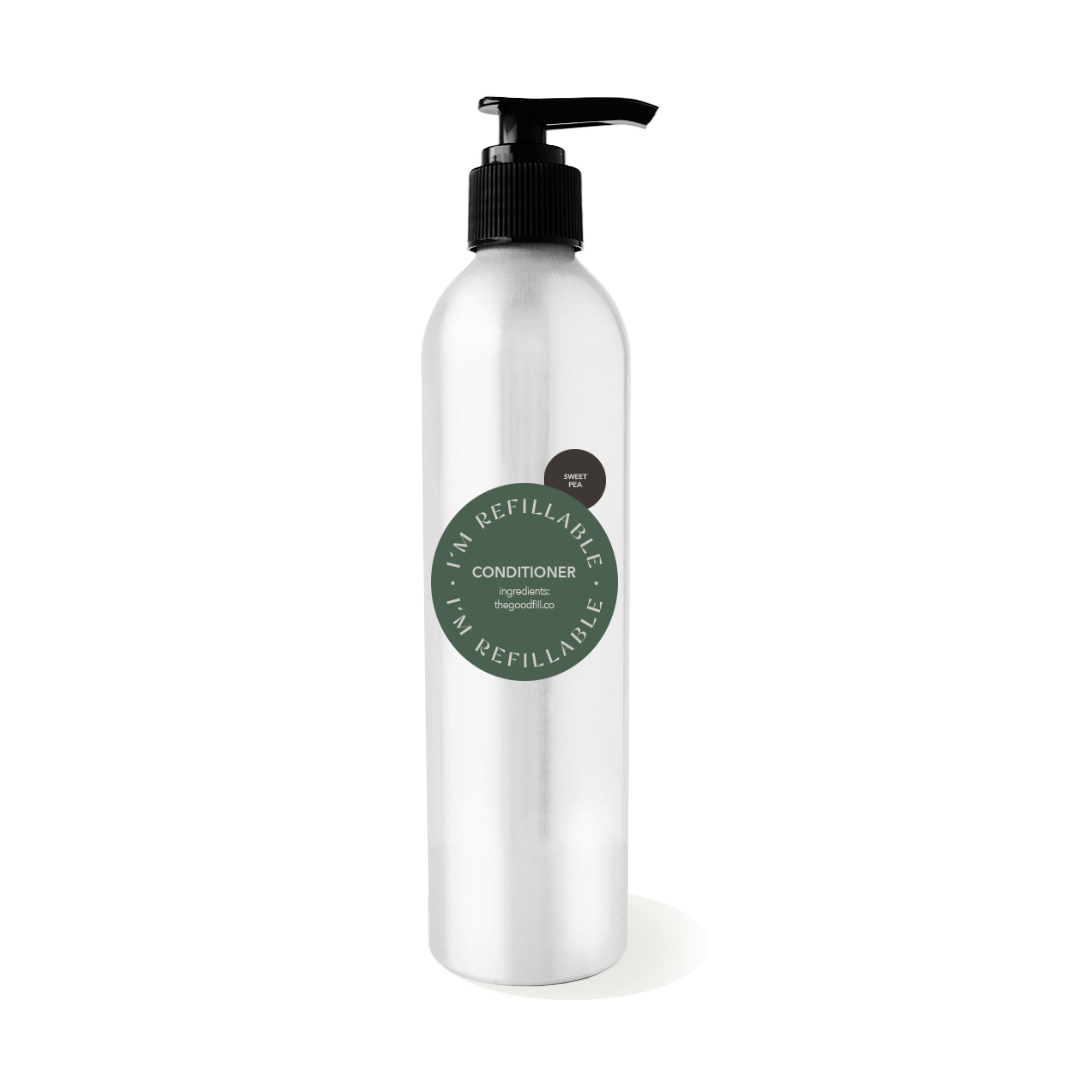 9oz aluminum bottle with a black pump top for zero waste sweet pea conditioner refills.