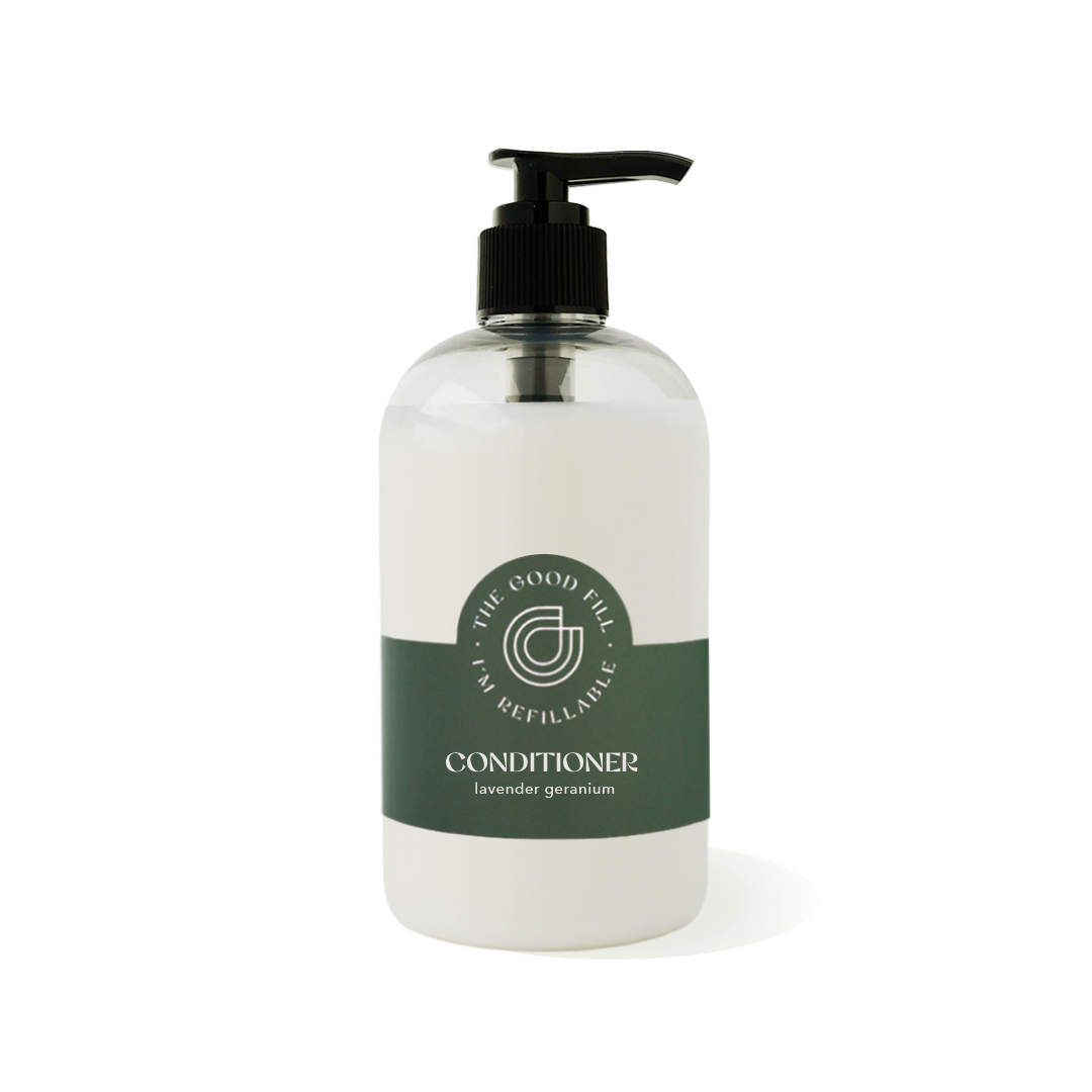 12oz clear recycled plastic bottle with a black pump top for zero waste lavender geranium conditioner refills.