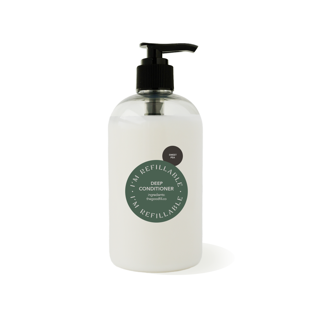 12oz clear recycled plastic bottle with a black pump top for zero waste sweet pea deep conditioner refills.