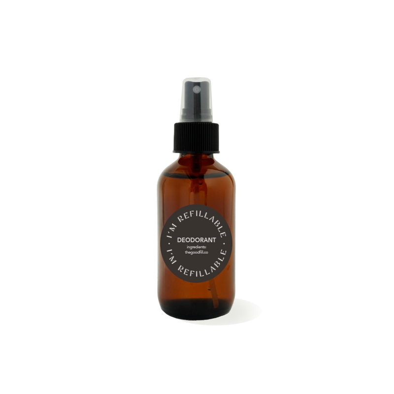 4oz glass amber bottle with a black spray top for zero waste deodorant spray refills.