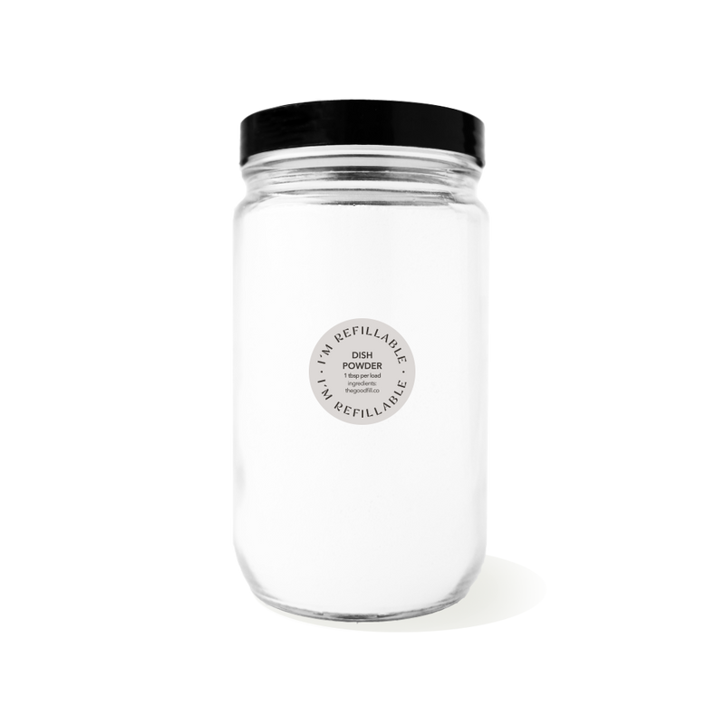 clear glass 32oz refill mason jar that is filled with white dish powder and has a black recyclable aluminum screw on lid.