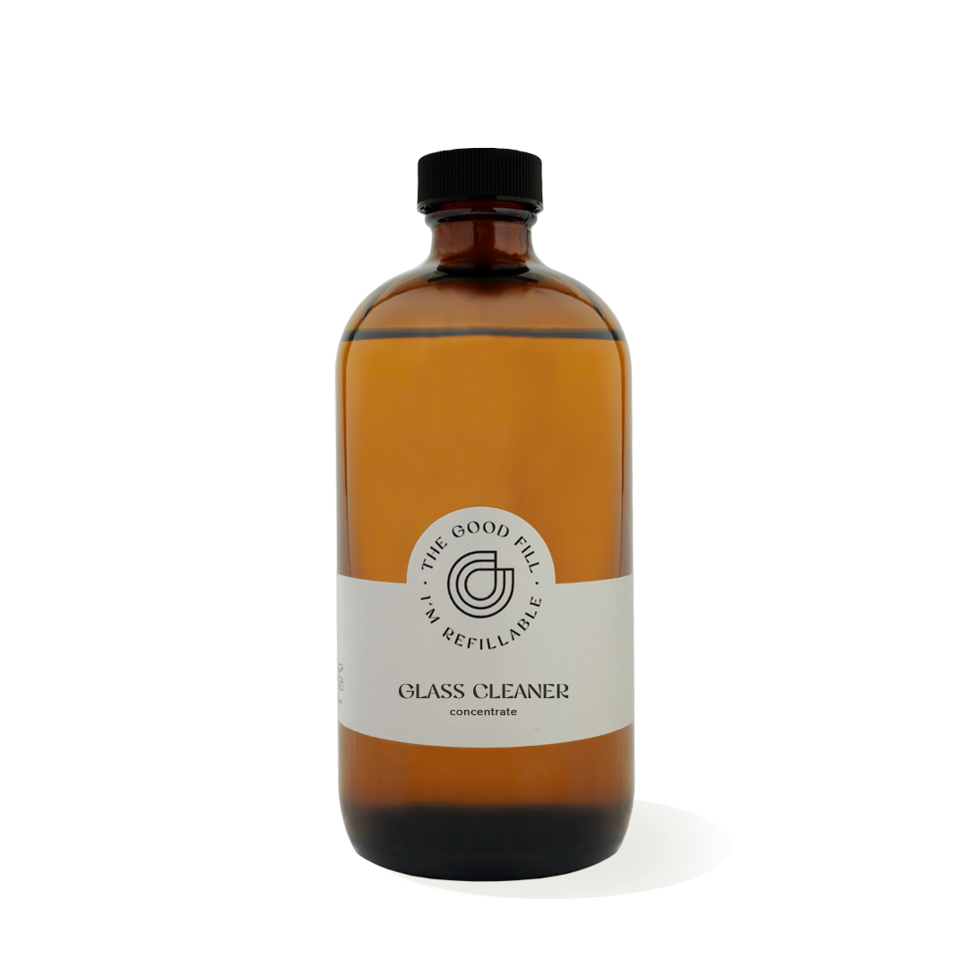 zero waste glass cleaner concentrate in a refillable glass amber bottle