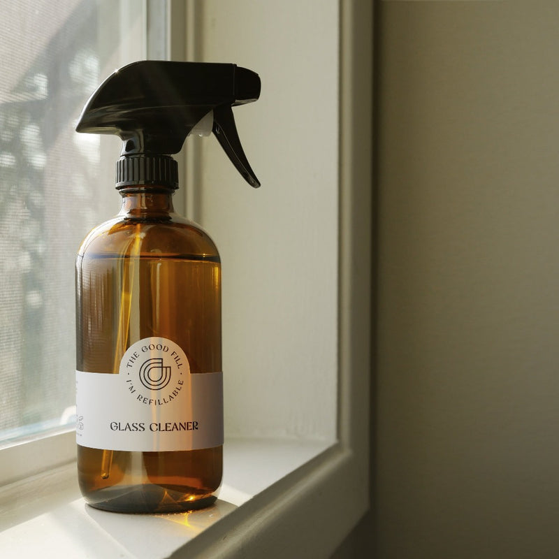 Glass Cleaner refills in a zero waste refillable glass amber spray bottle