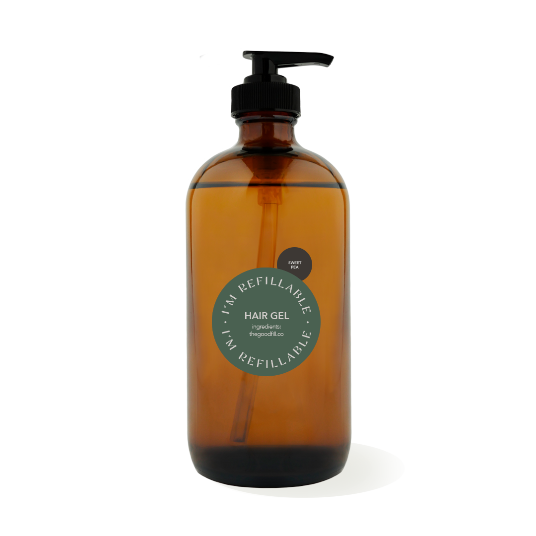 16oz glass amber bottle with a black pump top for zero waste sweet pea hair gel refills.