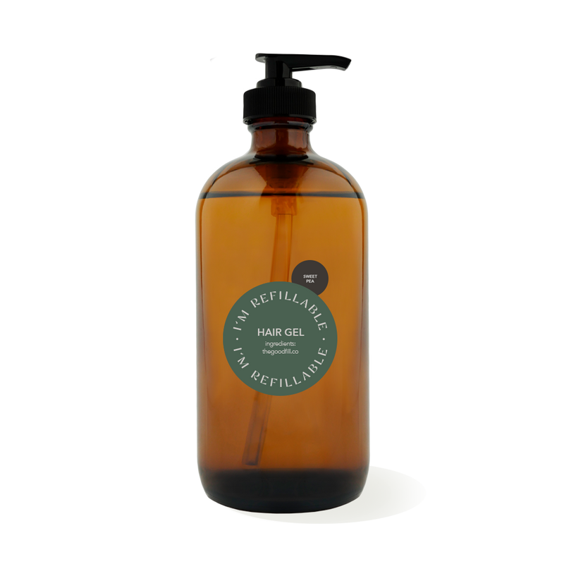 16oz glass amber bottle with a black pump top for zero waste sweet pea hair gel refills.