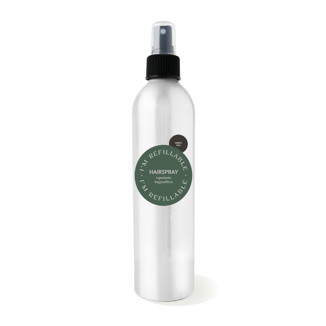 9oz recyclable aluminum bottle with a black spray top for zero waste hairspray refills.