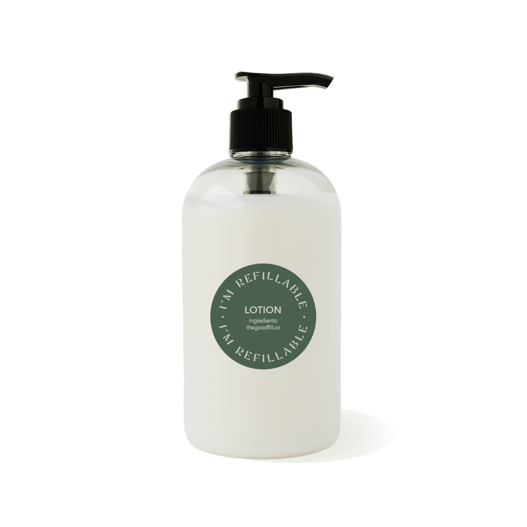 12oz clear recycled plastic bottle with a black pump top for zero waste sweet pea lotion refills.