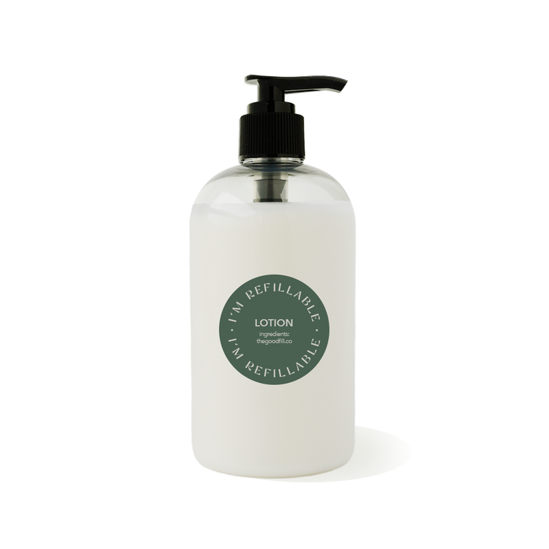 12oz clear recycled plastic bottle with a black pump top for zero waste sweet pea lotion refills.