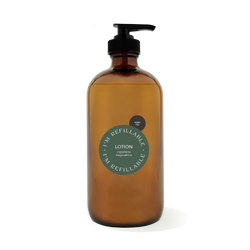 16oz glass amber bottle with a black pump top for zero waste sweet pea lotion refills.