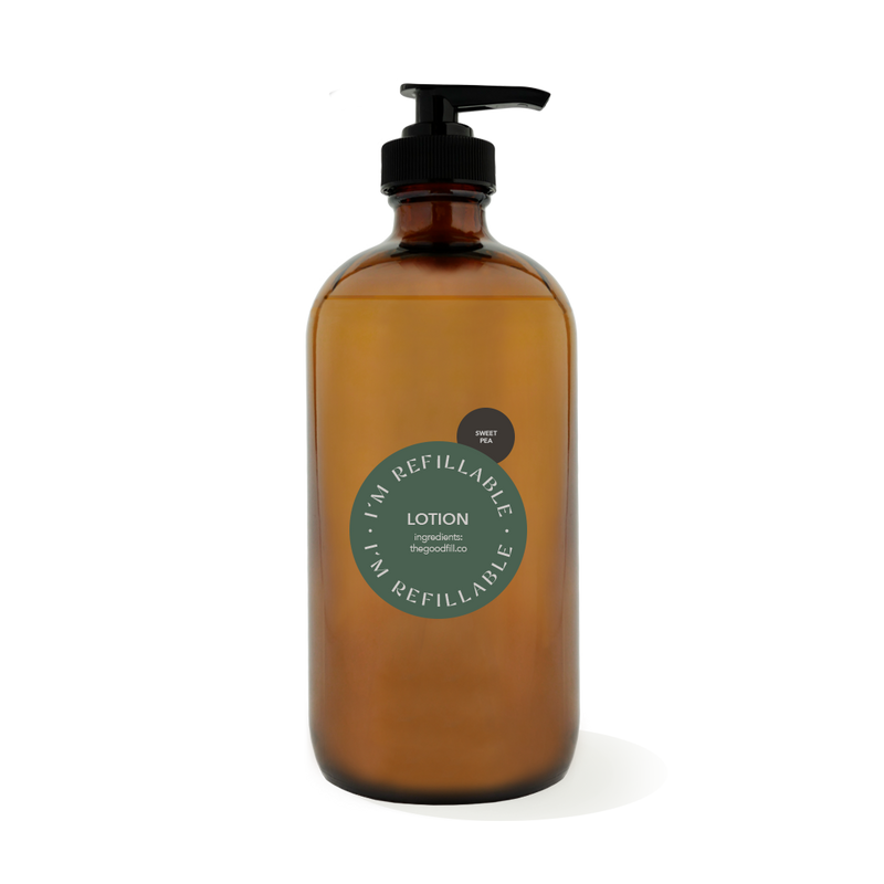 16oz glass amber bottle with a black pump top for zero waste sweet pea lotion refills.
