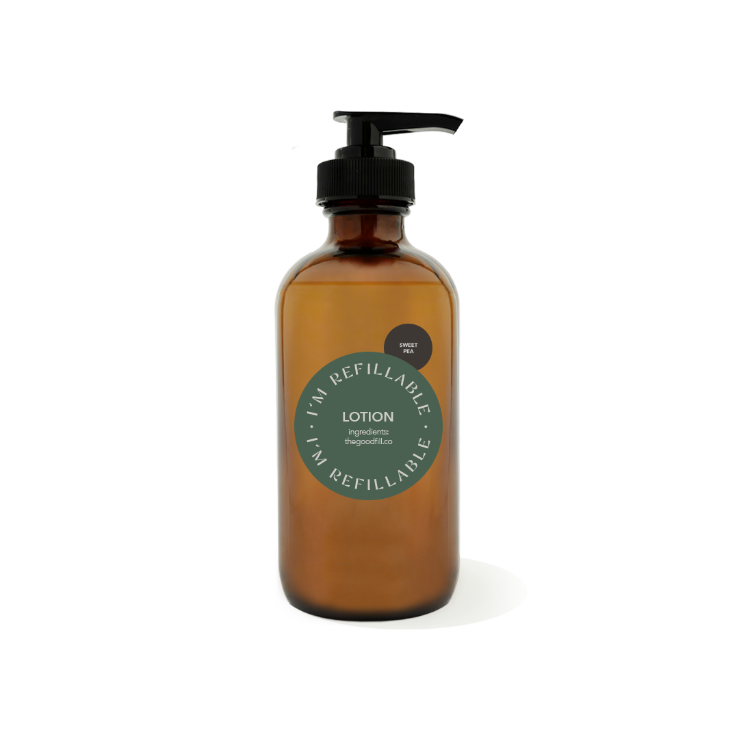 8oz glass amber bottle with a black pump top for zero waste sweet pea lotion refills.
